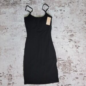 Popilush || Ribbed Midi Dress Modal Stretch Slimming Built in Shapewear Black S